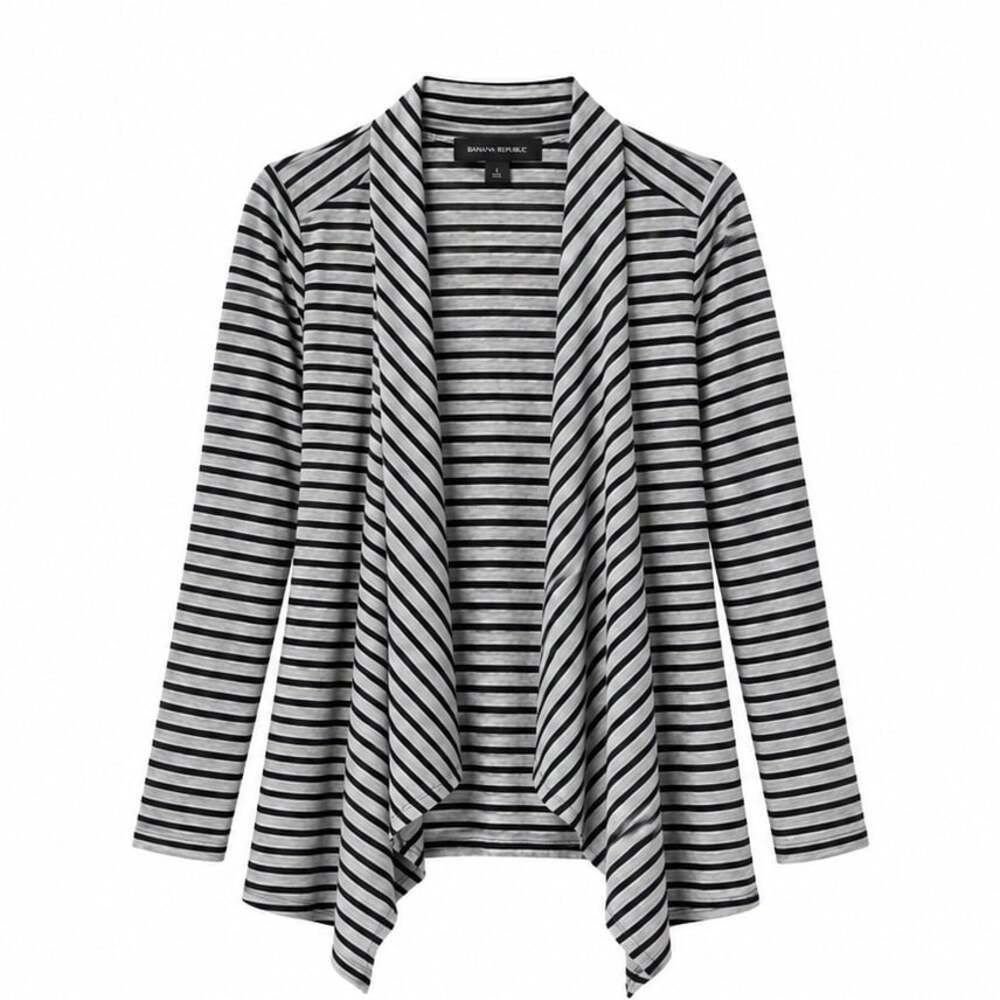 AB Studio Gray Black Striped Draped Open Front Cardigan Sweater - Picture 2 of 3